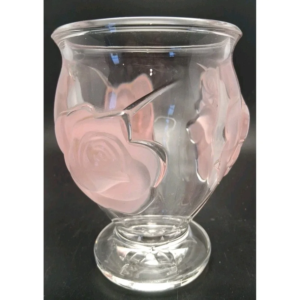 Vintage 1980s Made In France Raised Pink Rose Heavy Crystal Vase